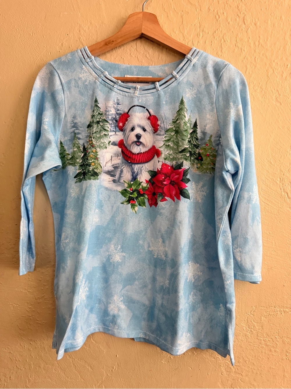 Alfred Dunner Light Blue Holiday Dog Graphic Sweatshirt
